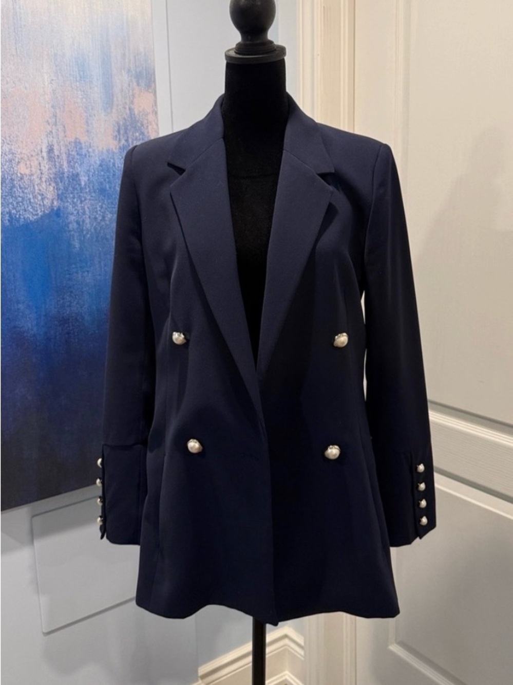 Zara Navy Double-Breasted Blazer with Pearl Buttons
